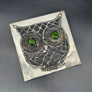Vintage Sven Lindström Wall Hanging Owl Glass Eyes Studio Viken Sweden 1970s
